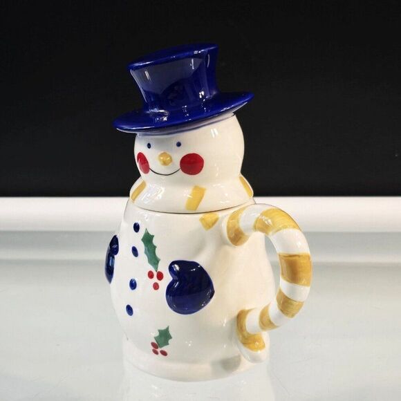 Snowman Mug With Blue Hat Lid Temptations Presentable Ovenware By Tara Ceramic - Picture 3 of 8